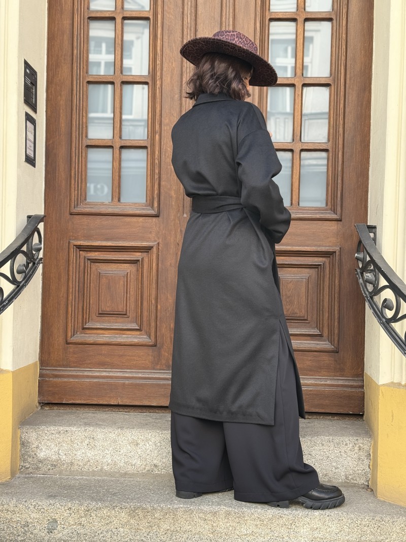 Miniatura produktu Długi Wełniany Płaszcz czarny z domieszką kaszmiru i paskiem York Black&Wool