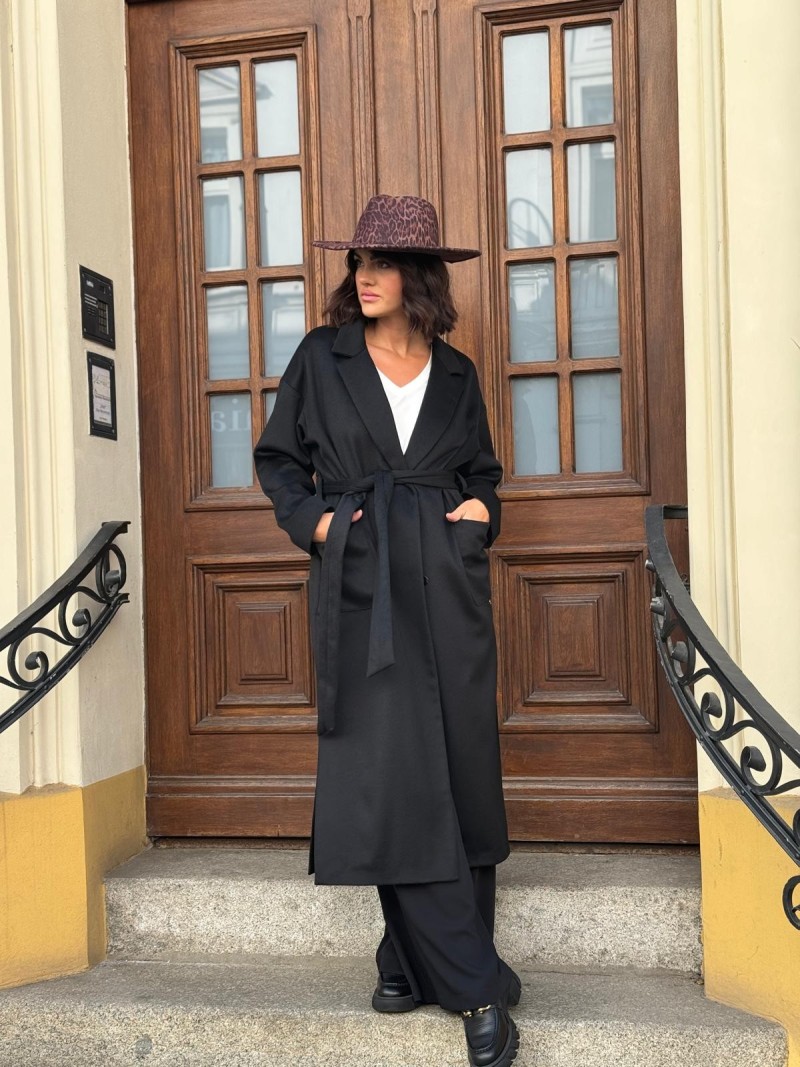 Miniatura produktu Długi Wełniany Płaszcz czarny z domieszką kaszmiru i paskiem York Black&Wool