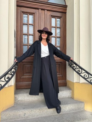 Długi Wełniany Płaszcz czarny z domieszką kaszmiru i paskiem York Black&Wool