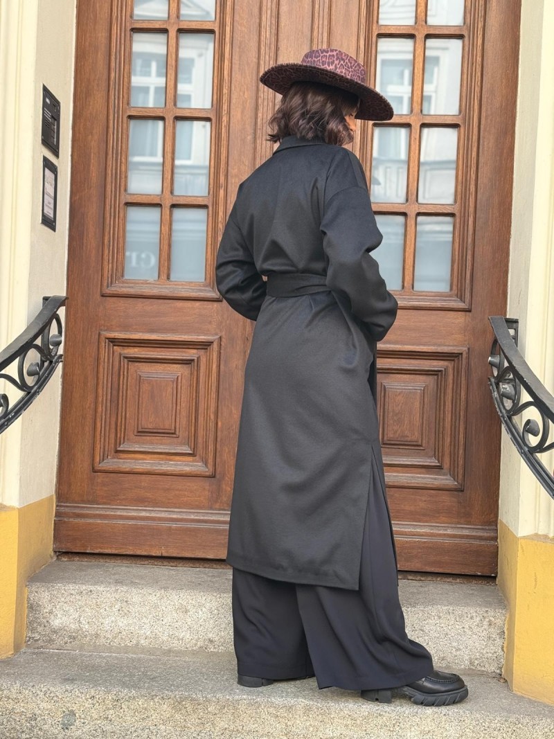 Miniatura produktu Długi Wełniany Płaszcz czarny z domieszką kaszmiru i paskiem York Black&Wool