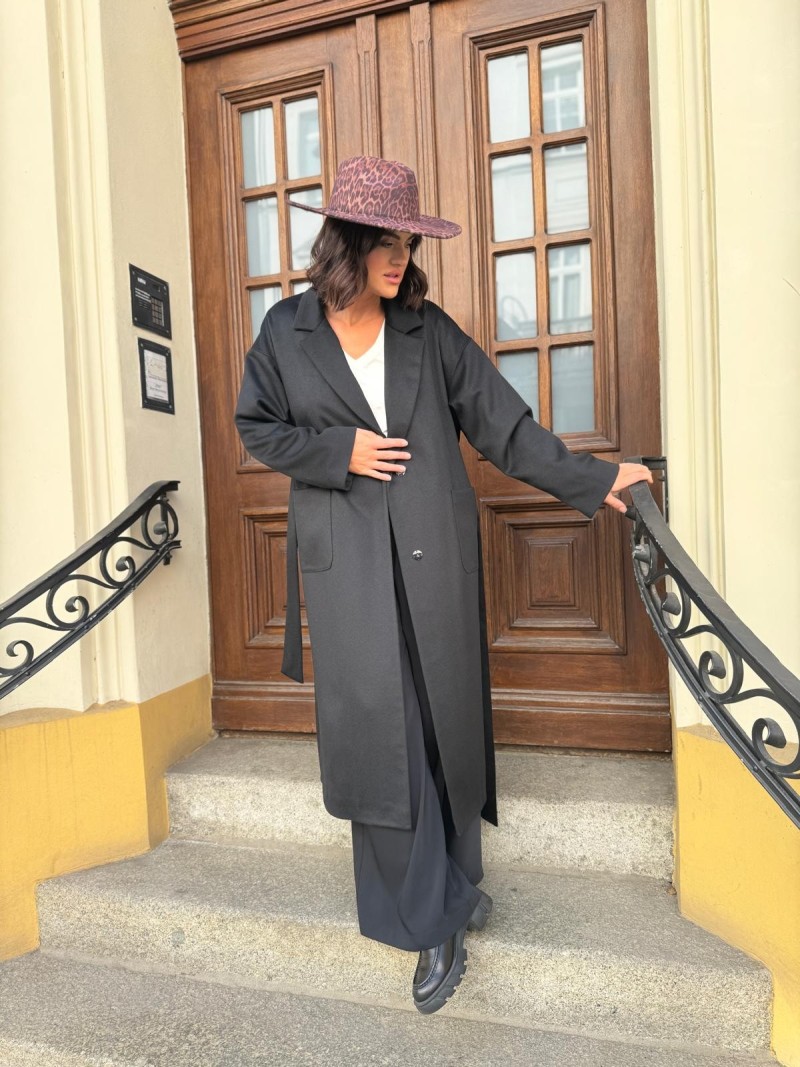 Miniatura produktu Długi Wełniany Płaszcz czarny z domieszką kaszmiru i paskiem York Black&Wool