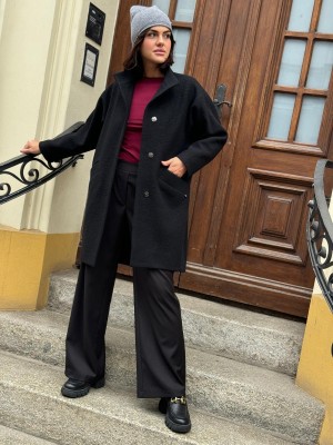 Czarny Wełniany Płaszcz oversize ze stójką i zapięciem na zatrzaski Olimpia Wool Black