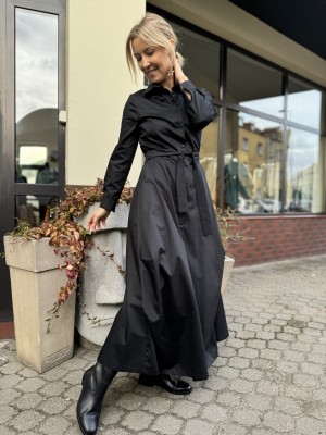 Czarna Sukienka Bawełniana na guziki z kołnierzem i długimi rękawami Valerie Black