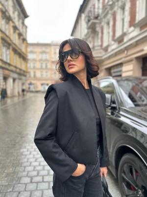 Czarna Kurtka Wełniana bez zapięcia ze stójką Ulla&Stories Black