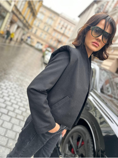 Czarny płaszcz wełniany bez zapięcia ze stójką Ulla&Stories Black