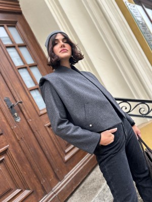 Wełniana Kurtka grafitowa bez zapięcia ze stójką Ulla&Stories Lines