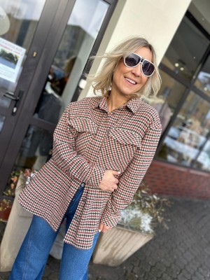 Czerwona Wełniana Kurtko-Bluza w pepitkę i z kołnierzykiem Thelma Wool&Red