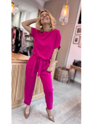 Fuksjowy Kombinezon Damski taliowany o kroju kimono Rio Fuksja