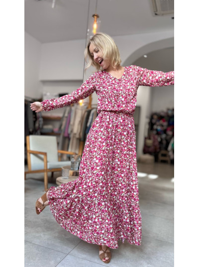 Wiskozowa Sukienka Boho Long Flowers w różowe kwiaty z falbanami