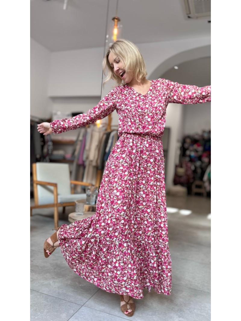 Miniatura produktu Wiskozowa Sukienka Boho Long Flowers w różowe kwiaty z falbanami