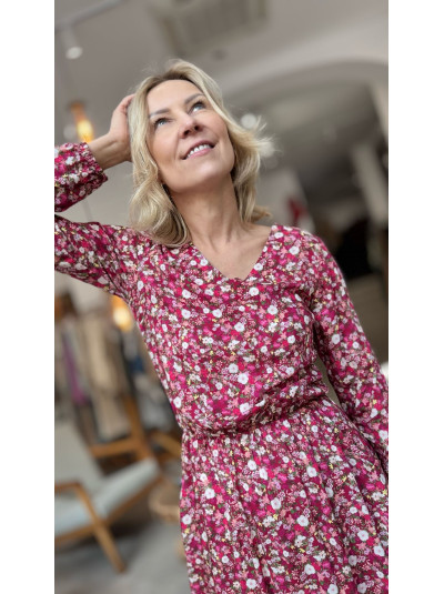 Wiskozowa Sukienka Boho Long Flowers w różowe kwiaty z falbanami