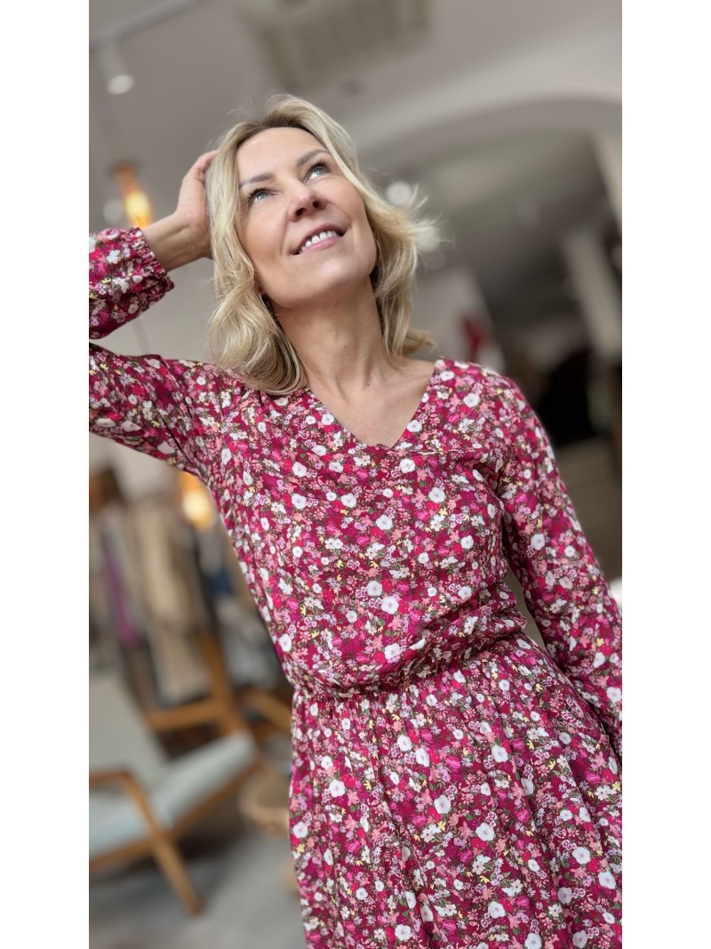 Miniatura produktu Wiskozowa Sukienka Boho Long Flowers w różowe kwiaty z falbanami