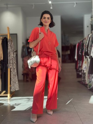 Koralowe Spodnie przewiewne z szerokimi nogawkami Koral