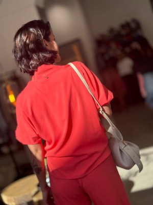 Koralowa Wiskozowa Bluzka o kroju kimono asymetryczna Danielle Koral