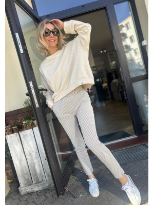 Damskie Spodnie Cygaretki na gumce w biało-beżowe paski B&W