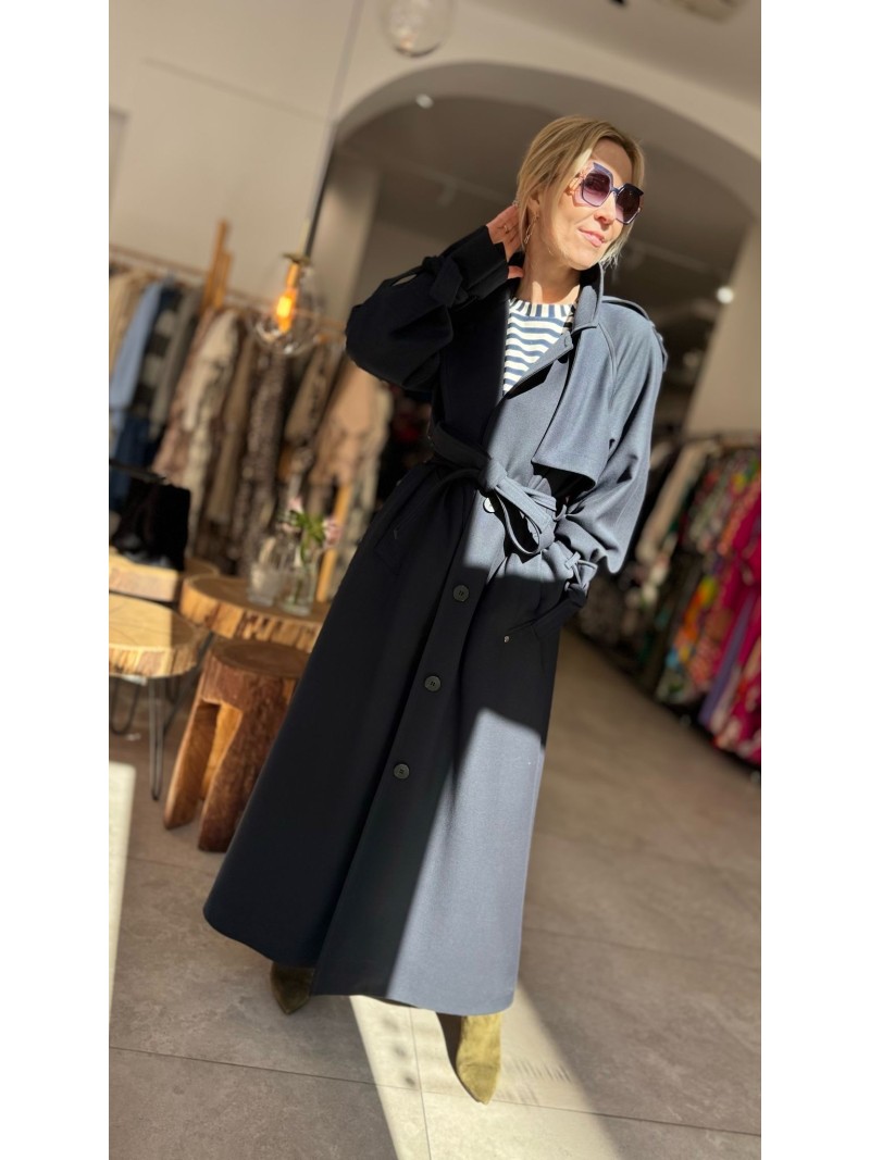 Miniatura produktu Granatowy Płaszcz zapinany na guziki i wiązany w talii Creo Navy