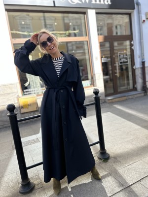 Granatowy Płaszcz zapinany na guziki i wiązany w talii Creo Navy