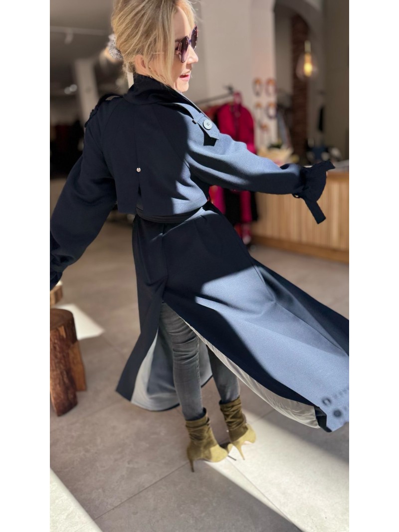 Miniatura produktu Granatowy Płaszcz zapinany na guziki i wiązany w talii Creo Navy