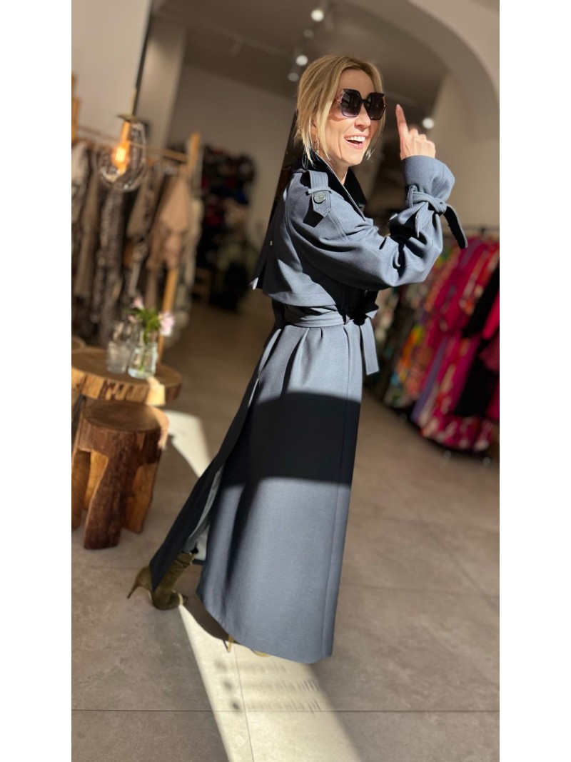 Miniatura produktu Granatowy Płaszcz zapinany na guziki i wiązany w talii Creo Navy