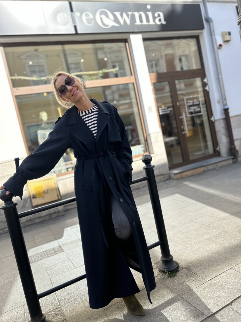 Miniatura produktu Granatowy Płaszcz zapinany na guziki i wiązany w talii Creo Navy