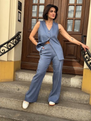 Lniane Spodnie w stalowo-niebieskim kolorze Flare Paolo Linen