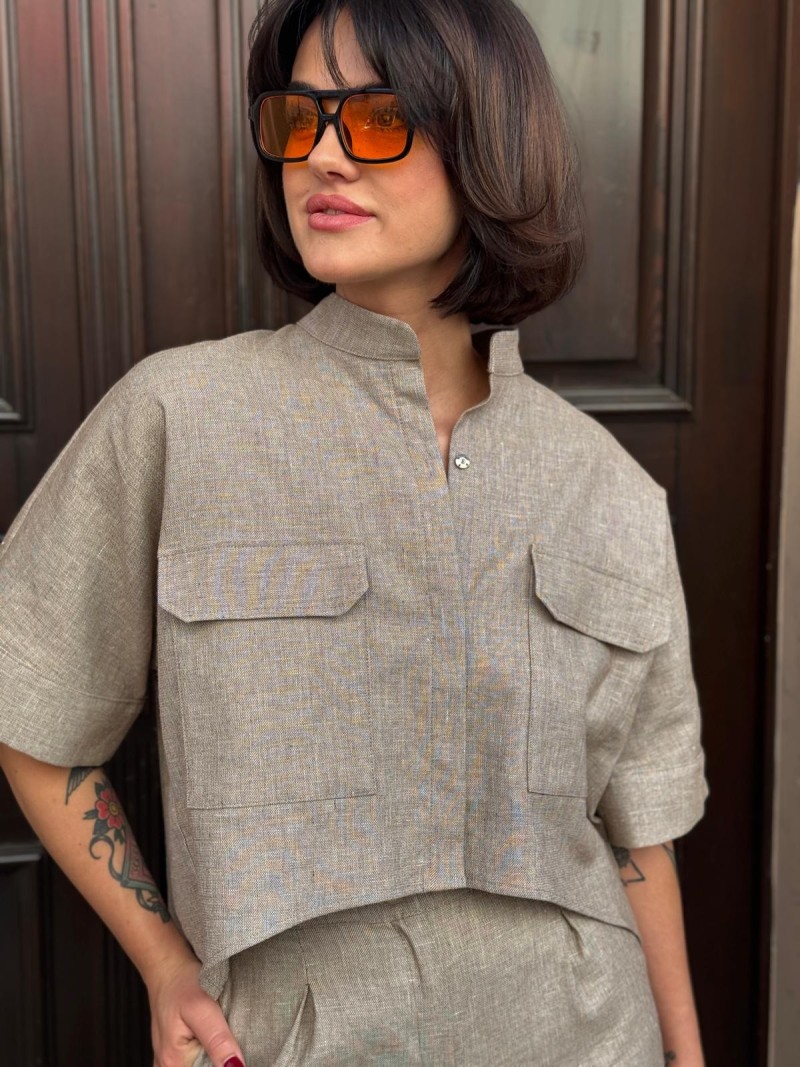 Miniatura produktu Beżowe Wdzianko Asymetryczne ze stójką Harper Linen&Taupe