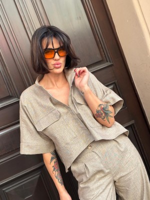 Beżowe Wdzianko Asymetryczne ze stójką Harper Linen&Taupe