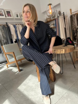 Granatowe Spodnie Culoty z wysokim stanem w paski Lines&Navy