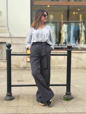 Granatowe Spodnie Culoty z wysokim stanem w paski Lines&Navy