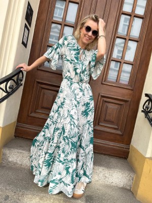 Wzorzysta Sukienka maxi Wiskozowa z wiązaniem, falbanami i krótkim rękawem Zoe Botanic