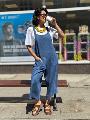 Niebieskie ogrodniczki z tencelu z kieszeniami Jeans