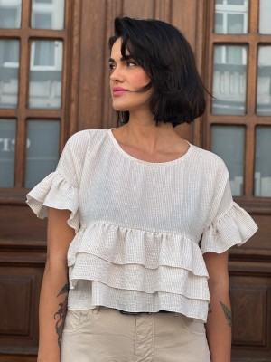 Jasna Bluzka na krótki rękaw z falbanami Fleur Lines