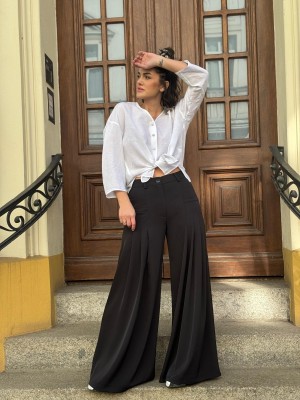 Czarne Spodnie Damskie z szerokimi nogawkami i wysokim stanem Ottavio Black