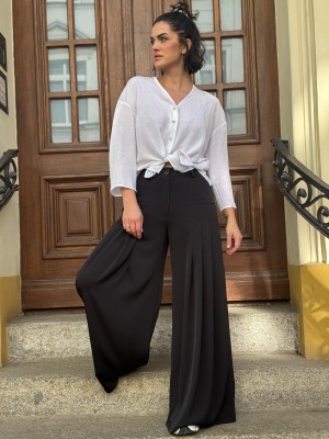 Czarne Spodnie Damskie z szerokimi nogawkami i wysokim stanem Ottavio Black