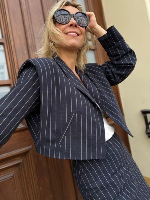 Granatowa Kurtka bawełniana w prążek ze stójką Ulla Short & Lines Navy