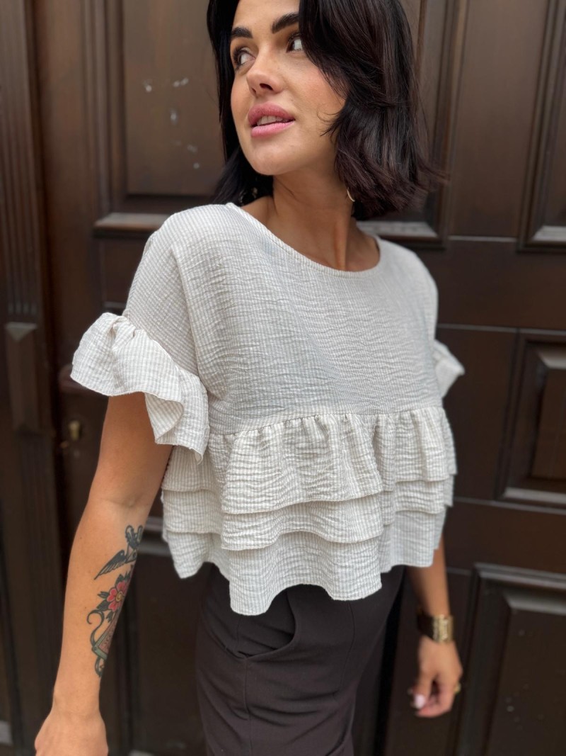 Miniatura produktu Bluzka na krótki rękaw z falbanami w kolorze białym Fleur Lyocell&White