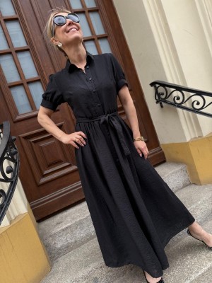 Czarna Sukienka maxi z kołnierzykiem i guzikami Alice Long Black