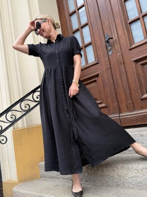 Czarna Sukienka maxi z kołnierzykiem i guzikami Alice Long Black