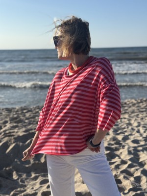 Bawełniana Bluza asymetryczna w czerwono-różowe paski Ivonne Red&Pink