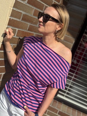 Bawełniany T-shirt w różowo-granatowe paski Cleo Pink&Navy