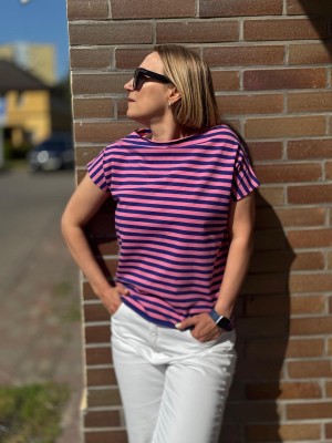 Bawełniany T-shirt w różowo-granatowe paski Cleo Pink&Navy