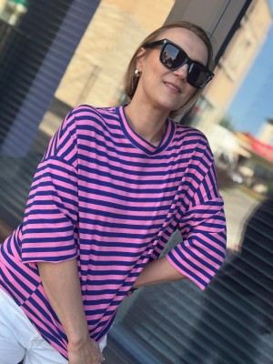 Bawełniana Bluza asymetryczna w granatowo-różowe paski Ivonne Pink&Navy