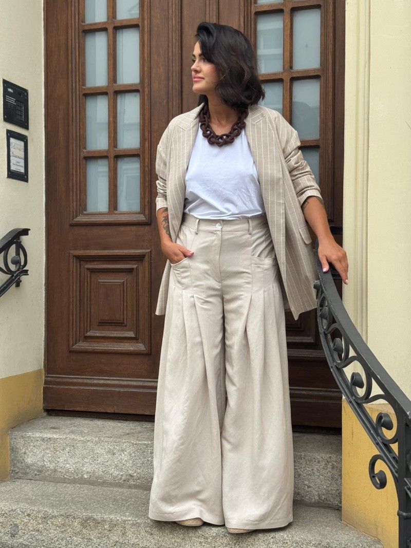 Miniatura produktu Wiskozowo-lniane spodnie z szerokimi nogawkami w kolorze beżowym Ottavio Len&Beige