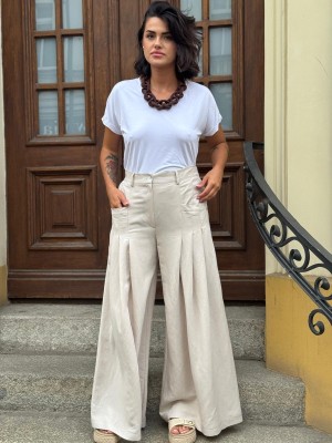 Wiskozowo-lniane spodnie z szerokimi nogawkami w kolorze beżowym Ottavio Len&Beige