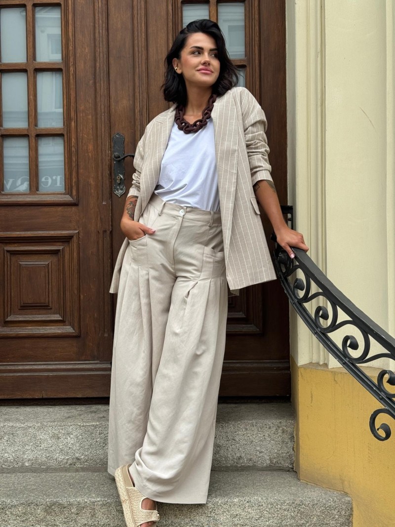 Miniatura produktu Wiskozowo-lniane spodnie z szerokimi nogawkami w kolorze beżowym Ottavio Len&Beige