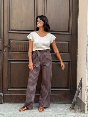 Brązowe Spodnie Culoty z wysokim stanem w paski Lines&Brown