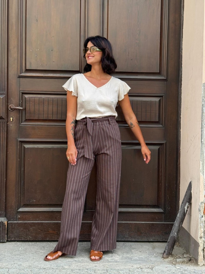 Miniatura produktu Brązowe Spodnie Culoty z wysokim stanem w paski Lines&Brown