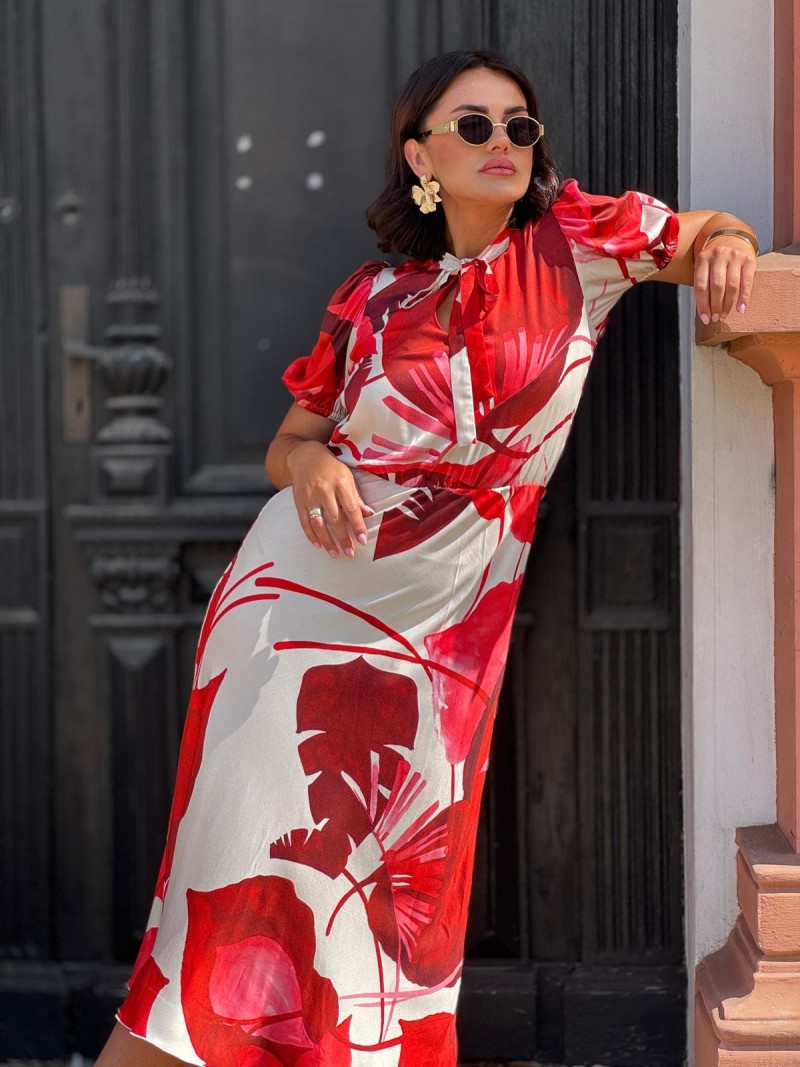 Miniatura produktu Wiskozowa Sukienka midi wiązana przy szyi we wzór czerwonych liści Soley Cyian&Red