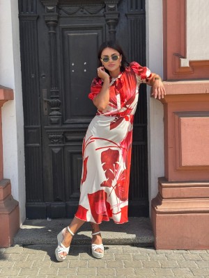 Wiskozowa Sukienka midi wiązana przy szyi we wzór czerwonych liści Soley Cyian&Red