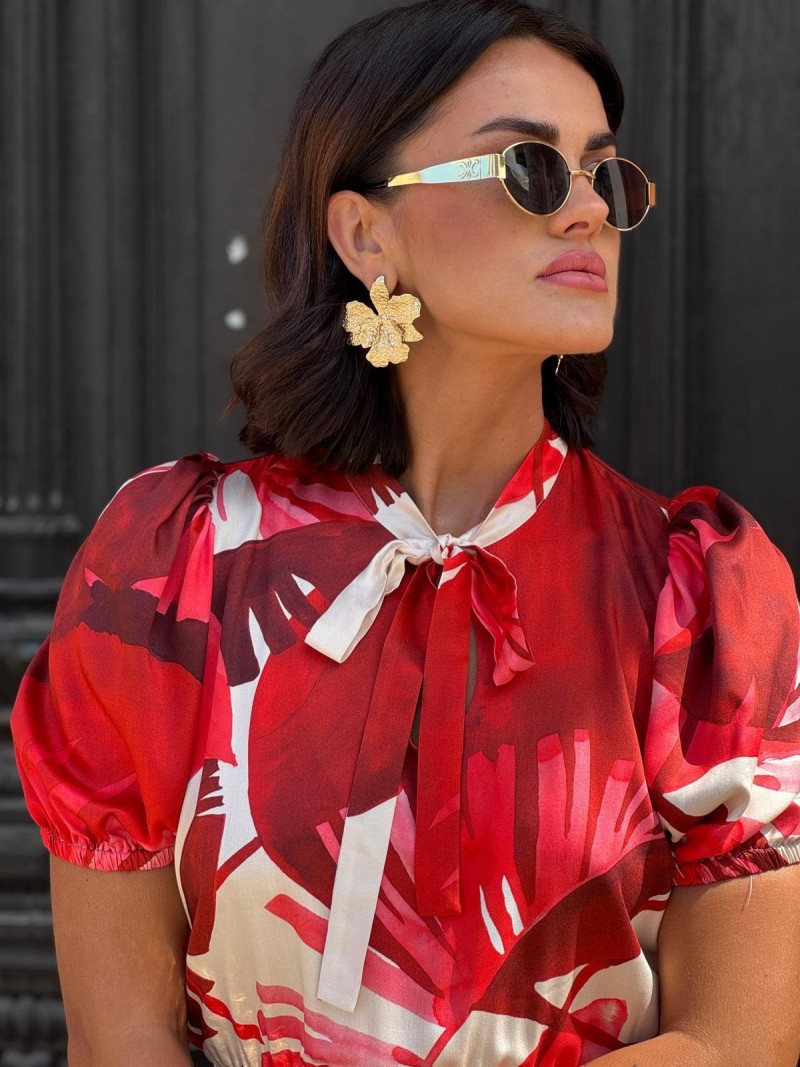 Miniatura produktu Wiskozowa Sukienka midi wiązana przy szyi we wzór czerwonych liści Soley Cyian&Red